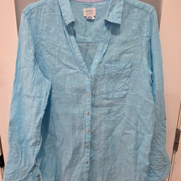 Sigrid Olsen Tops - Sigrid Olsen Blue 100% Linen Button Up Shirt Women’s Medium V Neck